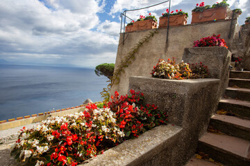 Amazing colorful blossom on Rufolo villa on amalfi coast of South Italy