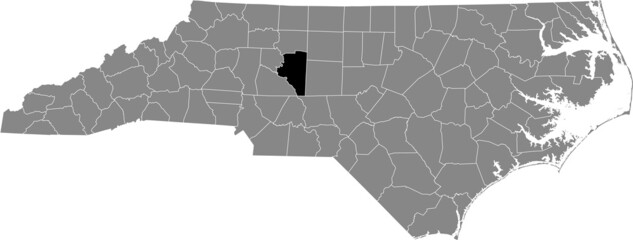 Black highlighted location map of the Davidson County inside gray administrative map of the Federal State of North Carolina, USA
