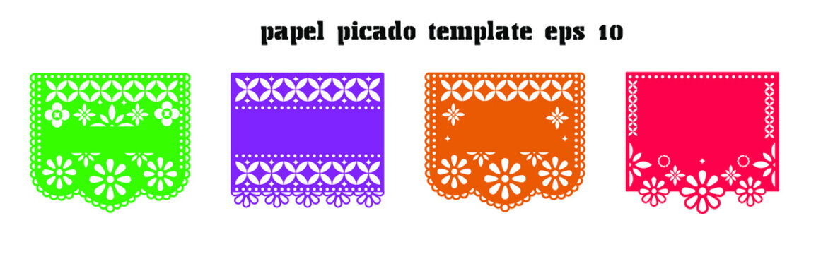 Mexican Papel Picado vector template. design of four colorful Mexican traditional art vectors with blank text to use as a template or mockup. eps 10