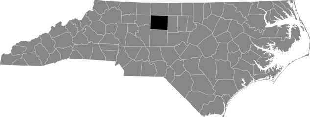 Black highlighted location map of the Guilford County inside gray administrative map of the Federal State of North Carolina, USA