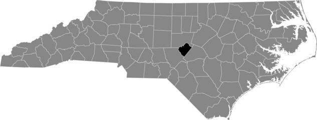Black highlighted location map of the Lee County inside gray administrative map of the Federal State of North Carolina, USA