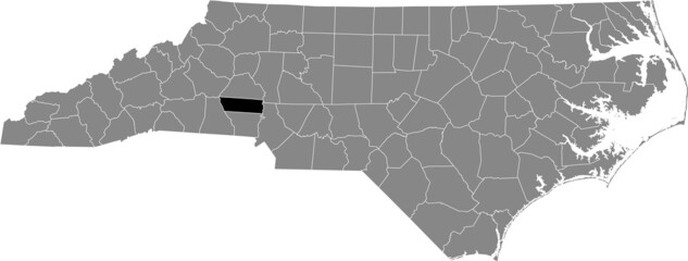 Black highlighted location map of the Lincoln County inside gray administrative map of the Federal State of North Carolina, USA