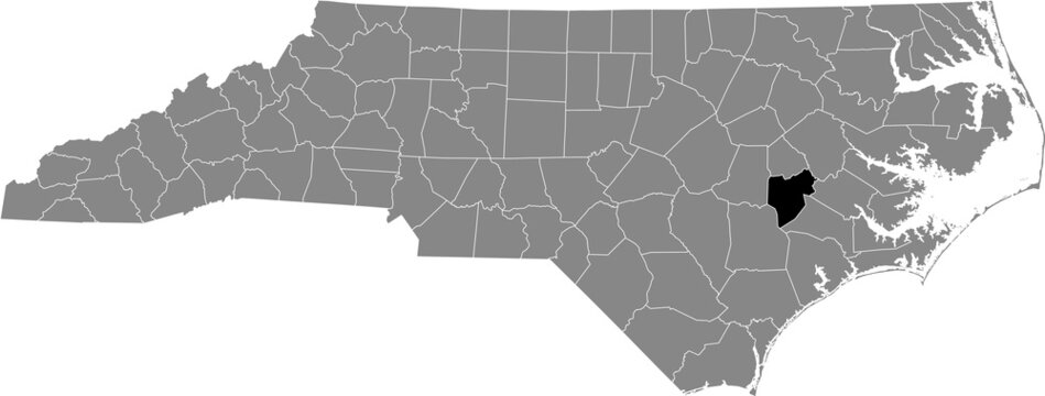 Black highlighted location map of the Lenoir County inside gray administrative map of the Federal State of North Carolina, USA