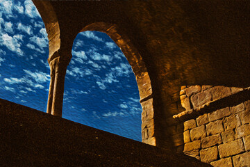 Arches and columns in a medieval building on the Way of St. James. A pilgrimage route leading to Santiago de Compostela in Spain. Oil paint filter.