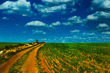 Dirt trail going through flat landscape at the Way of St. James. A pilgrimage route leading to Santiago de Compostela in Spain. Oil paint filter.