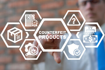 Concept of counterfeit products. Counterfeits goods and money crime. Counterfeiting fight. - obrazy, fototapety, plakaty