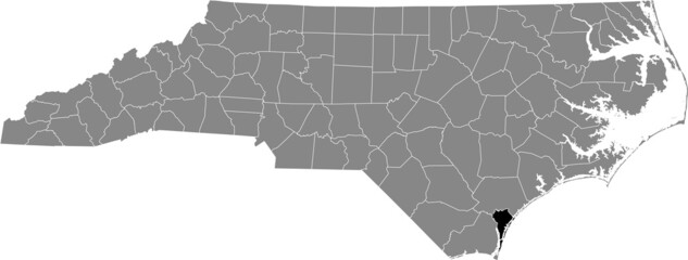 Black highlighted location map of the New Hanover County inside gray administrative map of the Federal State of North Carolina, USA