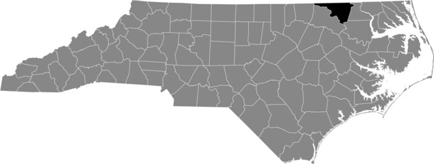 Black highlighted location map of the Northampton County inside gray administrative map of the Federal State of North Carolina, USA
