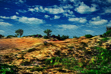 Sand dunes with undergrowth at the tropical beach of Arraial do Cabo. In a Brazilian region of stunning coastal beauty. Oil paint filter. - obrazy, fototapety, plakaty