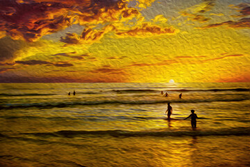 People having fun on sundown in a tropical beach at Arraial do Cabo. In a Brazilian region of stunning coastal beauty. Oil paint filter.