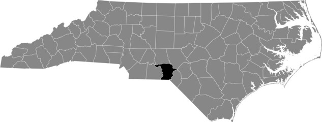 Black highlighted location map of the Richmond County inside gray administrative map of the Federal State of North Carolina, USA