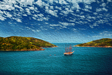 Sailboat sailing on the sea in a sunny day, near the beach of Arraial do Cabo. In a Brazilian region of stunning coastal beauty. Oil paint filter.