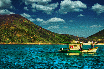 Trawler sailing on the sea in a sunny day, near the beach of Arraial do Cabo. In a Brazilian region of stunning coastal beauty. Oil paint filter.