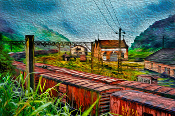 Composition of rusty trains on a disused train station in Paranapiacaba. A small railway village in the brazilian countryside. Oil paint filter.