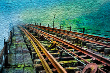 Rusty train tracks of an old disused railway line, on a bridge in misty day near Paranapiacaba. A small railway village in Brazil. Oil paint filter.