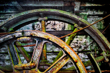 Rusted iron gears in an engine room from an old disused railway line near Paranapiacaba. A small railway village in Brazil. Oil paint filter.