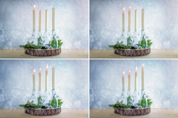 Series of four pictures with white candles from the first to the fourth Advent, glass bottles as...
