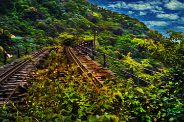 Train tracks of an old disused railway line over a bridge in the rainforest near Paranapiacaba. A small railway village in Brazil. Oil paint filter.