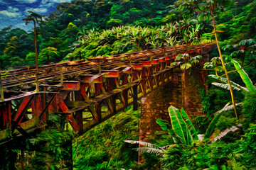 Train tracks of an old disused railway line over a bridge in the rainforest near Paranapiacaba. A small railway village in Brazil. Oil paint filter.