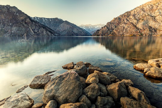 View of Sary-Chelek (Sarychelek) lake. It is a mountain lake located in Sary-Chelek Nature Reserve in Jalal-Abad Province in Western Kyrgyzstan. It is north of Arkit (the park headquarters).
