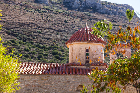 Detail of architecture church in Vathia town, Mani Greece.