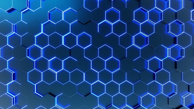 Abstract hexagon tiles with blue hexagon lights. technology background concept. 3d Rendering