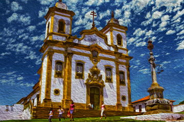 Facade in baroque style with ornate gateway and steeple at the Saint Francis of Assisi Church in Mariana, in Brazil. Oil paint filter.