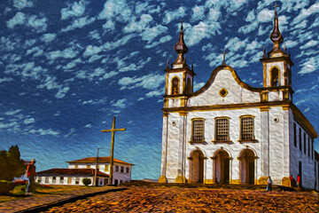 Facade in baroque style from the Church of Nossa Senhora da Conceicao, in front of square with cross in Catas Altas, in brazil. Oil paint filter.
