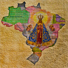 Image detail of Our Lady of Aparecida on a colorful brazilian map. Painted in a wall from a church in the Brazilian countryside. Oil Paint filter.