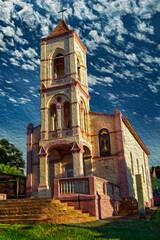 Facade of small church with entrance by a tall bell tower on a sunny day in the Brazilian countryside. Oil Paint filter.