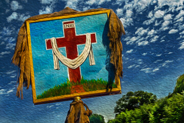 Close-up of Christian Cross painted on a wooden board like an oratory, with blue sky in the Brazilian countryside. Oil Paint filter.