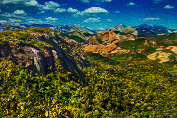 Rural landscape of rocky cliffs and valleys covered by forest near Monte Verde. A village very popular by its ecotourism in Brazil. Oil Paint filter.