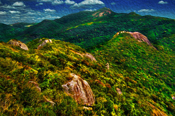 Rural landscape of rocky cliffs and valleys covered by forest near Monte Verde. A village very popular by its ecotourism in Brazil. Oil Paint filter.