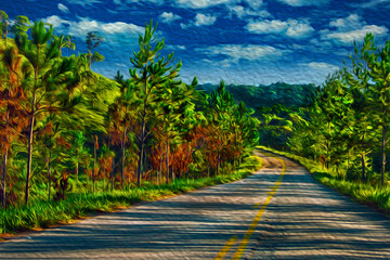 Paved road shaded by trees in a rural landscape at the Petar Park. A region famous for cave tourism in the brazilian countryside. Oil Paint filter.