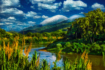 River going through hilly landscape with forest at the Petar Park. A region famous for cave tourism in the brazilian countryside. Oil Paint filter.