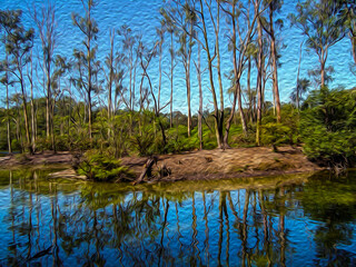 Trees in riparian forest beside a river in the Tiete Park, near Sao Paulo. A city famous for its cultural and business vocation. Oil Paint filter.