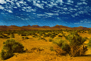 Desert landscape with peaks and volcanoes near San Pedro de Atacama. A tourist village on the Andean highland of Chile. Oil paint filter.