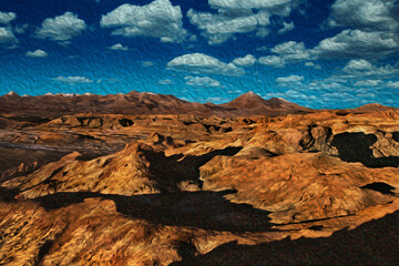 Desert landscape with peaks and rough terrain near San Pedro de Atacama. A tourist village on the Andean highland of Chile. Oil paint filter.