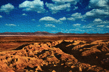 Desert landscape with peaks and rough terrain near San Pedro de Atacama. A tourist village on the Andean highland of Chile. Oil paint filter.