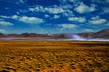 Desert landscape with peaks and lake on the Bolivian Andean plateau. The region with the largest mountain range in the Americas. Oil paint filter.