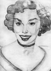 Art portrayal of sophisticated woman looking like a Hollywood movie star from the 40s. Pencil drawing.