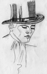 Art portrayal of sophisticated man in formal wear with top hat, looking like a rich businessman from the 30s. Pencil drawing.