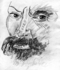 Art portrayal of man with a strong and remarkable face, looking like the renaissance artist Michelangelo. Pencil drawing.
