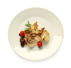 Plate with baked cod fillet, vegetables and mushrooms on white background