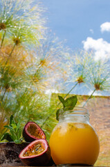 Gulupa or passion fruit juice surrounded by peels and whole and cut fruits and spearmint on natural and sunny day background