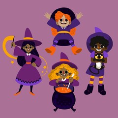 hand drawn flat halloween witches collection vector design illustration