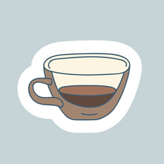 Glass, transparent cup, coffee or tea. Houseware. Winter Hygge Home decor in a Scandinavian, Nordic and cozy style. Hand drawn cartoon illustration for your design.