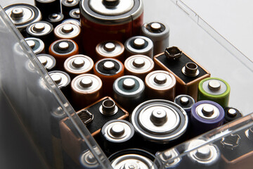 Collection of various size alkaline capacity batteries in plastic container.