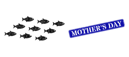 Low-poly school of fish constructed from chaotic filled triangles, and grunge Mother'S Day stamp. Blue rounded framed rectangle stamp contains Mother'S Day text inside framed rectangle form.