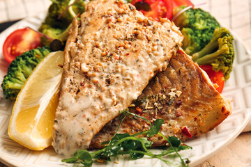 Plate with tasty baked cod fillet and vegetables on table, closeup